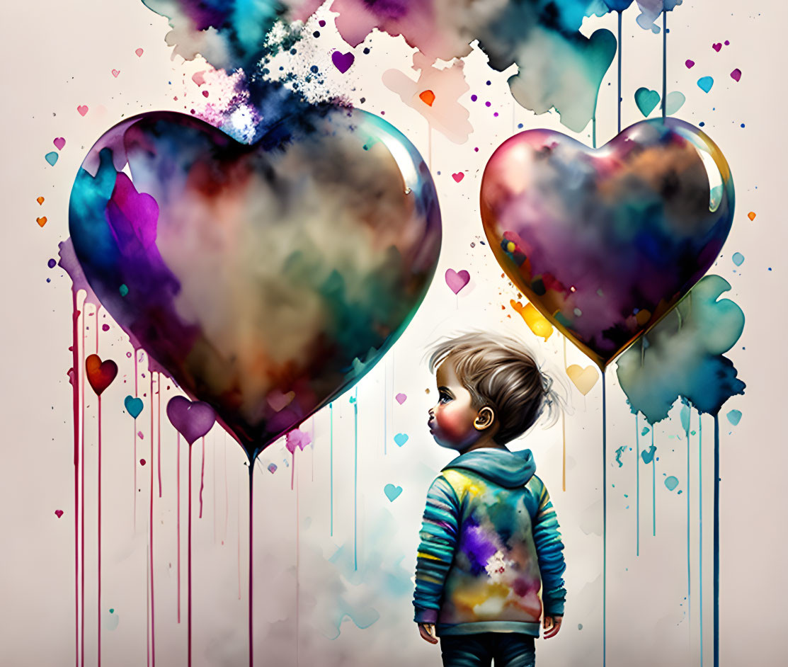 Child in Colorful Hoodie with Heart-Shaped Balloons