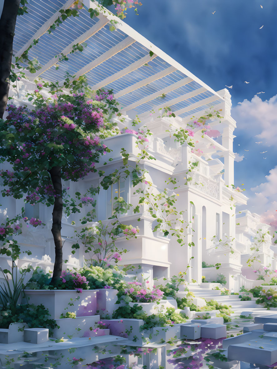 Classical architecture with pink flowers and butterflies under blue sky