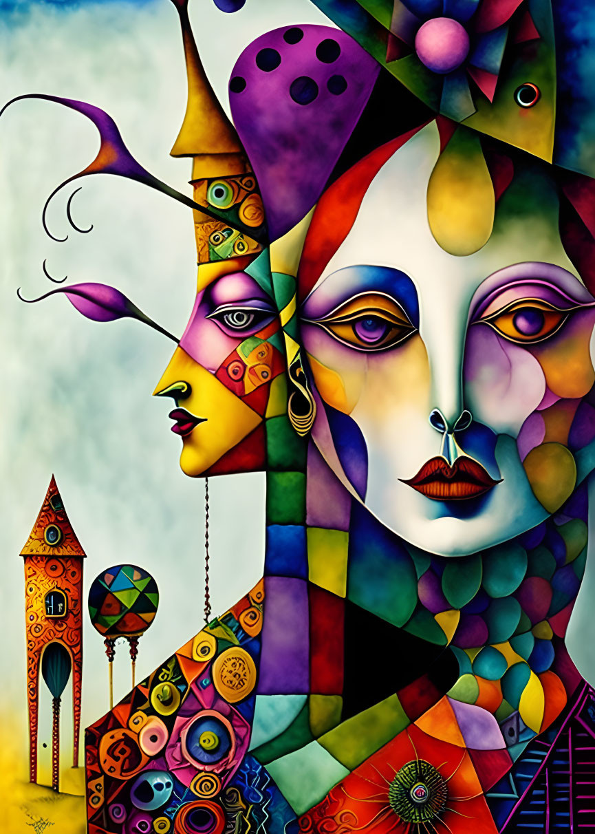 Colorful Abstract Painting with Stylized Faces and Whimsical Elements