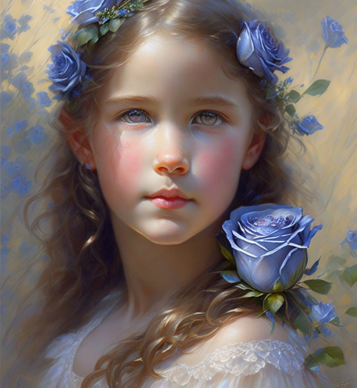 Young girl with blue flowers in hair against floral backdrop