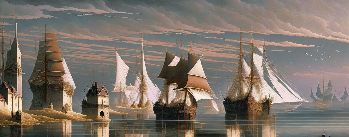 Majestic tall ships with full sails near castle-like towers on calm sea