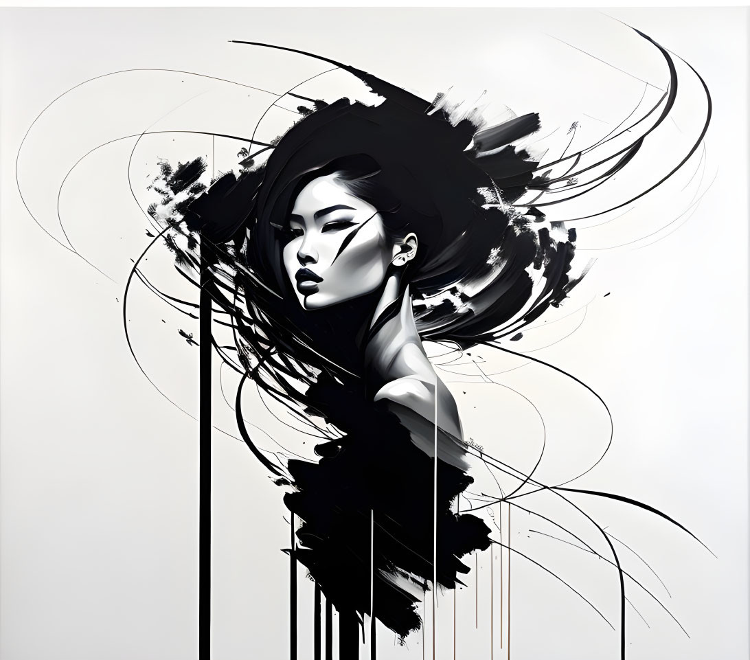 Monochrome illustration of woman with flowing hair and abstract brush strokes