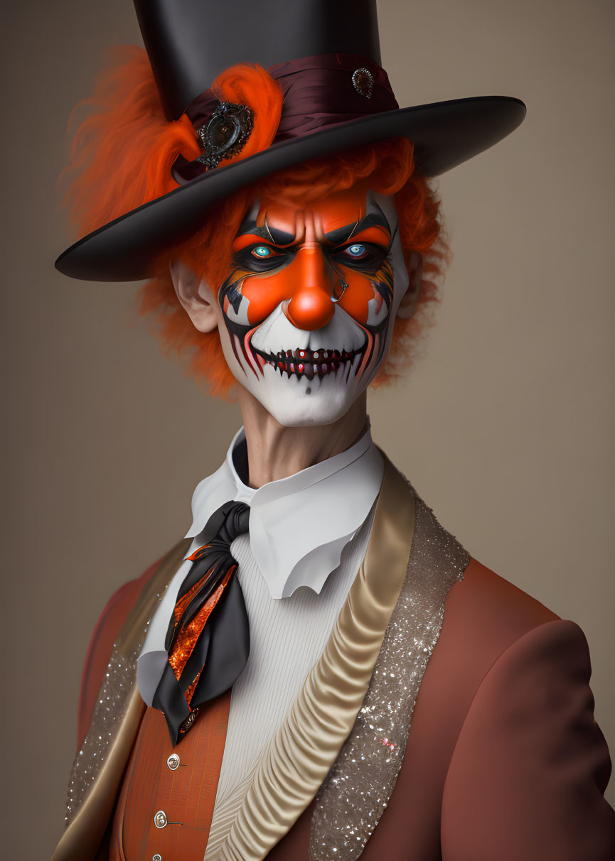 Clown in Orange Wig, Top Hat & Colorful Costume