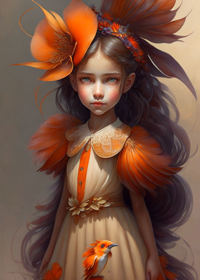 Digital painting of young girl with long wavy hair and orange flower, lace collar dress, holding small
