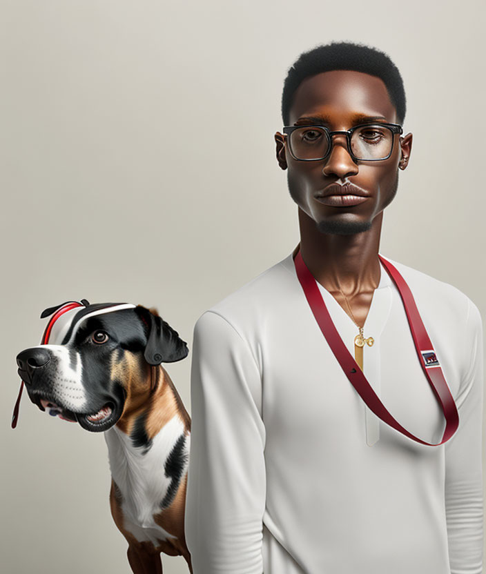 Stylized image of man with glasses and cartoon dog facing forward