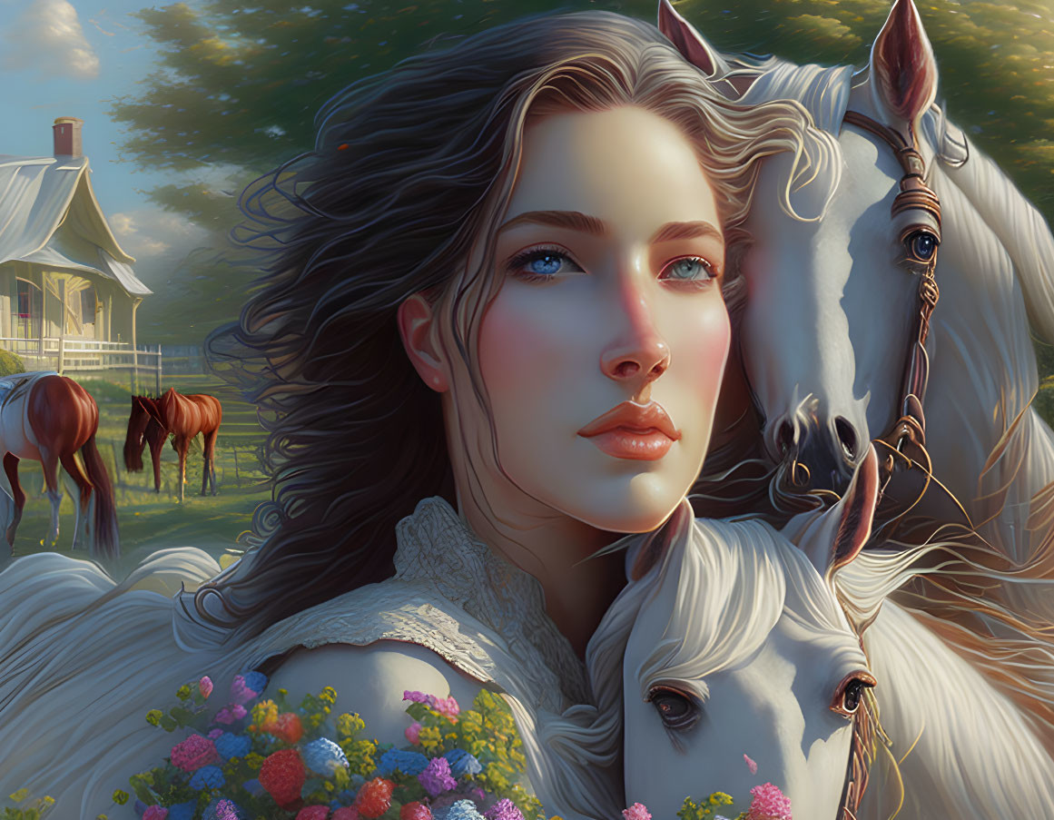 Digital artwork featuring woman with long hair and white horse, with farmhouse and more horses.