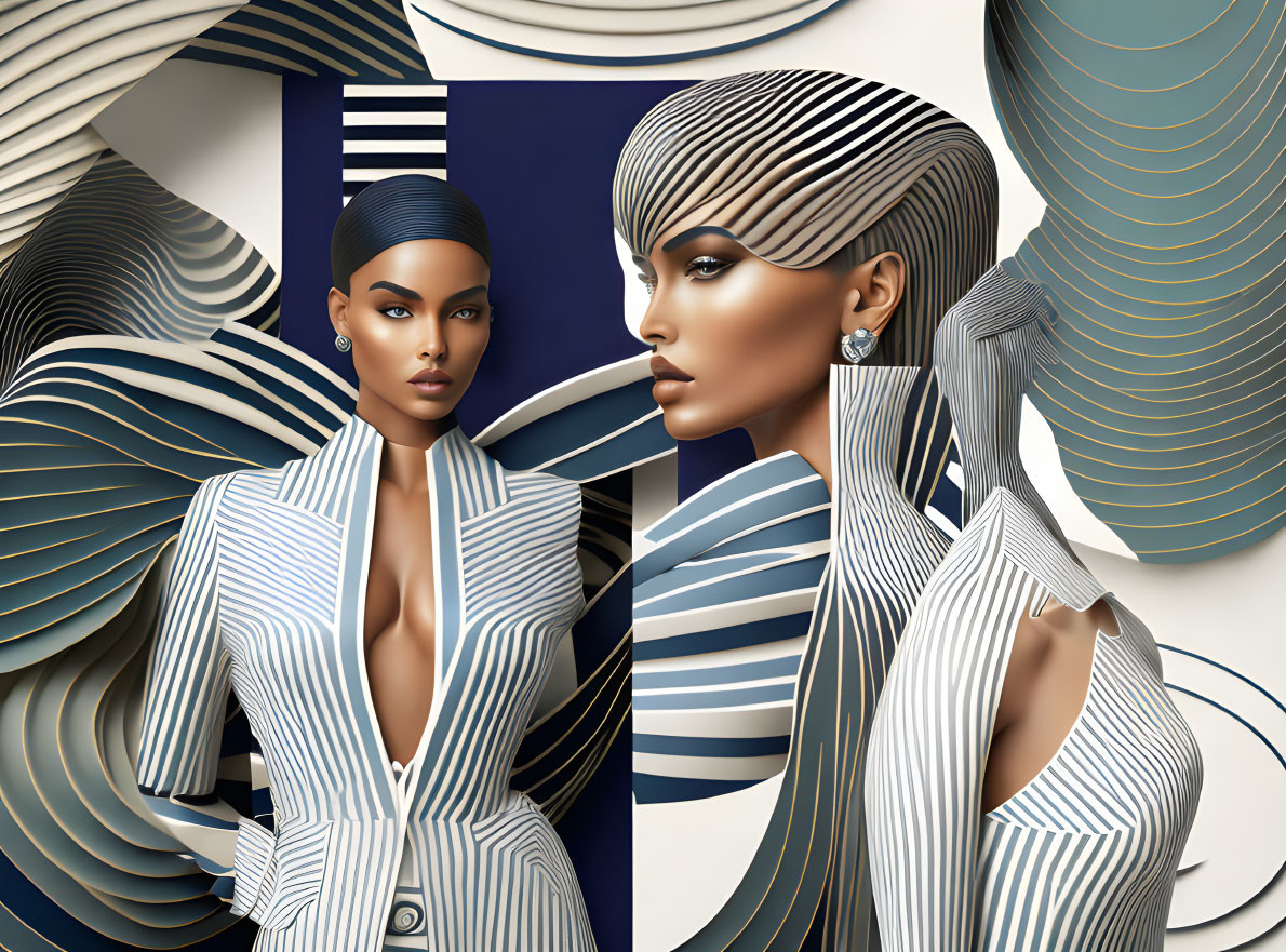 Abstract Art: Stylized Female Figures in Striped Suits on Geometric Background