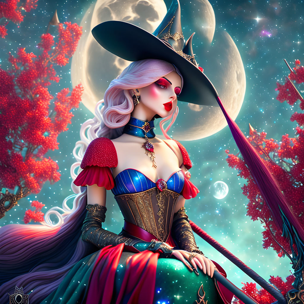 Stylized witch illustration with pink hair, wide-brimmed hat, corset dress, bro