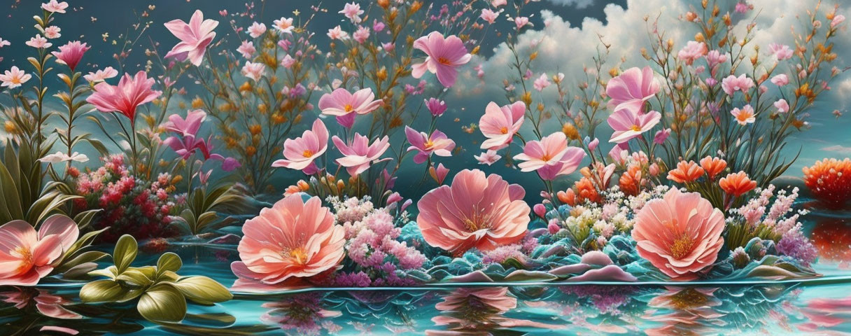 Digital artwork: Vibrant flower garden with pink blossoms, reflected on water under cloudy sky