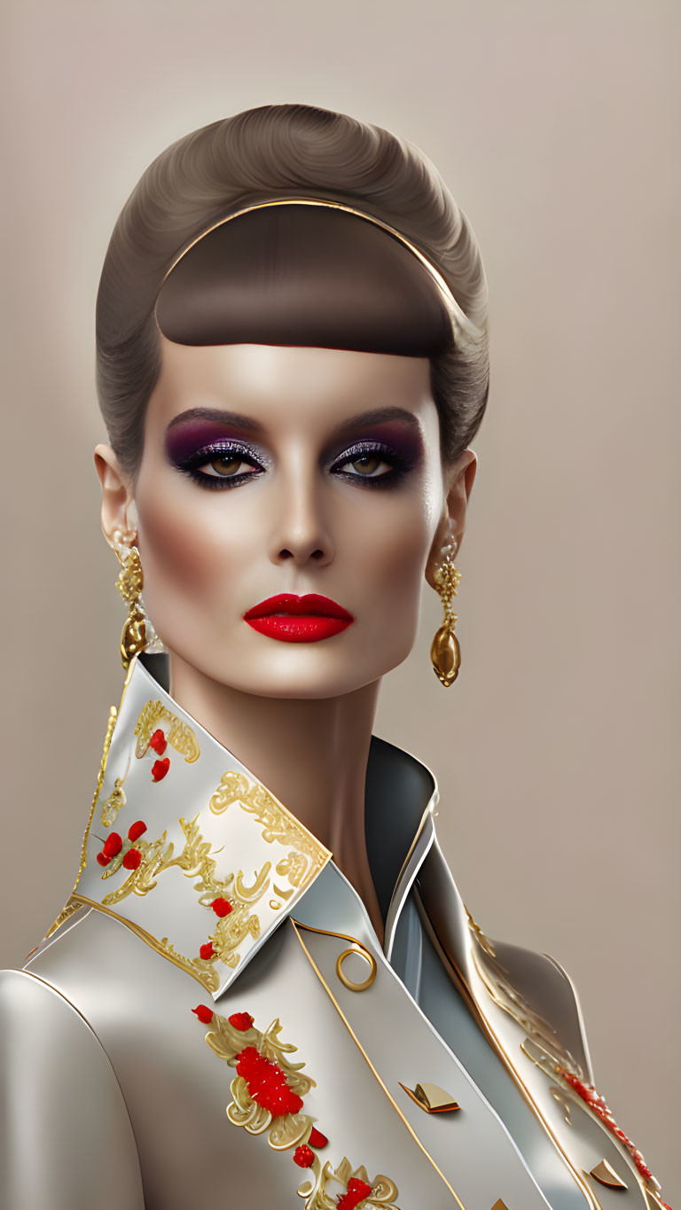 Digital portrait: Woman with dramatic makeup, adorned in gold and red jacket with hoop earrings