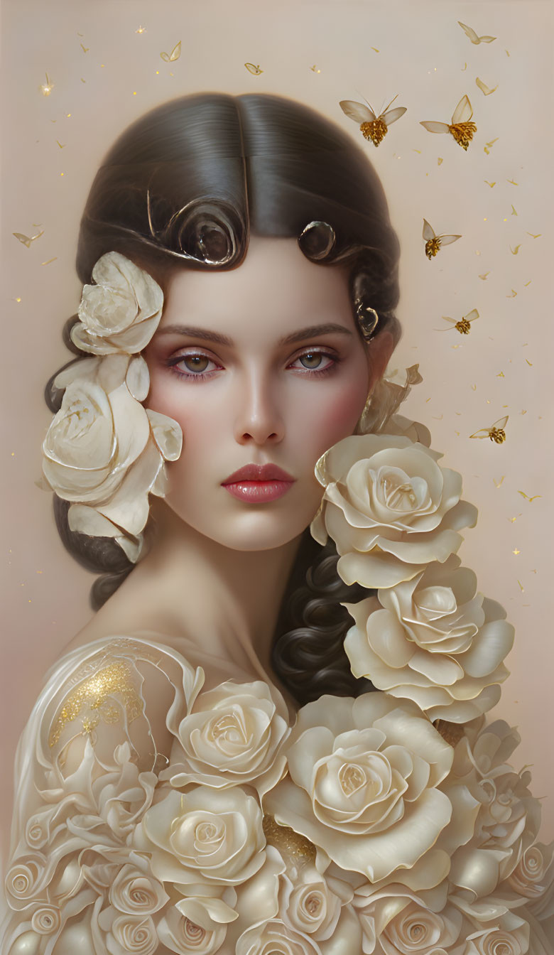 Surreal portrait of woman with white roses and golden butterflies