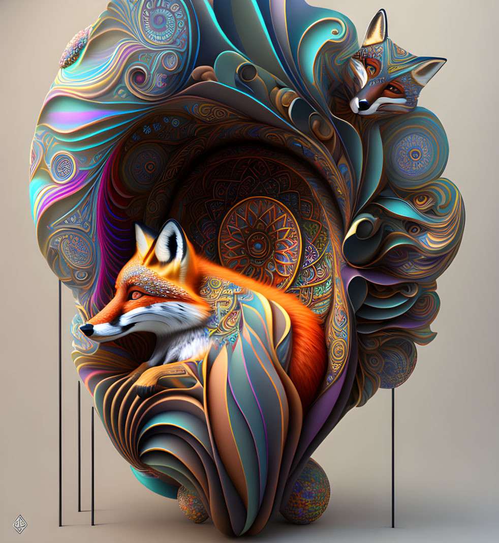 Colorful digital artwork featuring ornate fox and swirling patterns