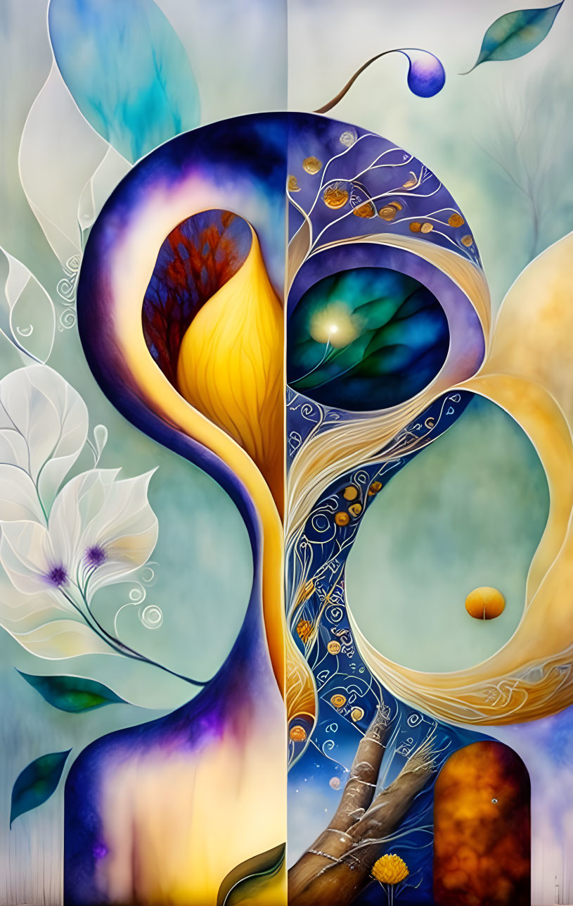 Vibrant yin-yang composition with swirling organic forms and floral elements