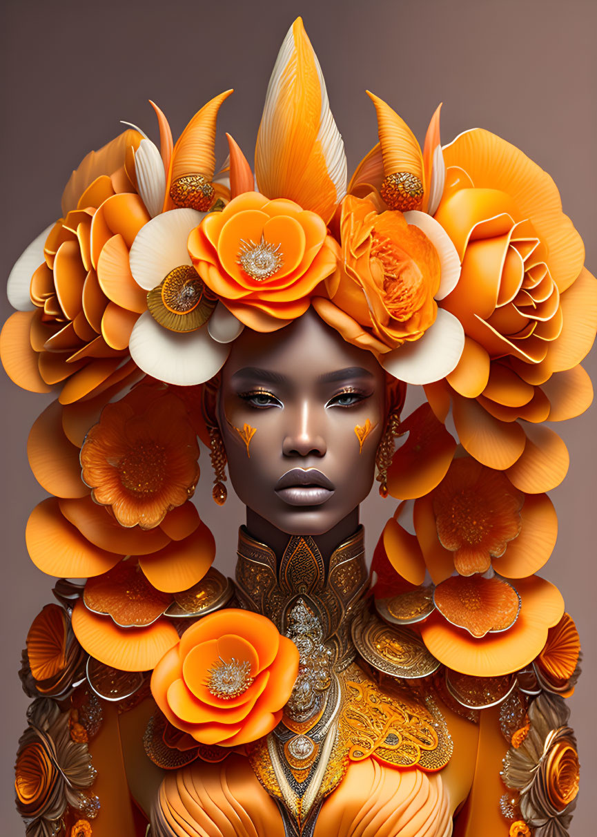 Ornate Orange Floral Headpiece Portrait with Gold Accents