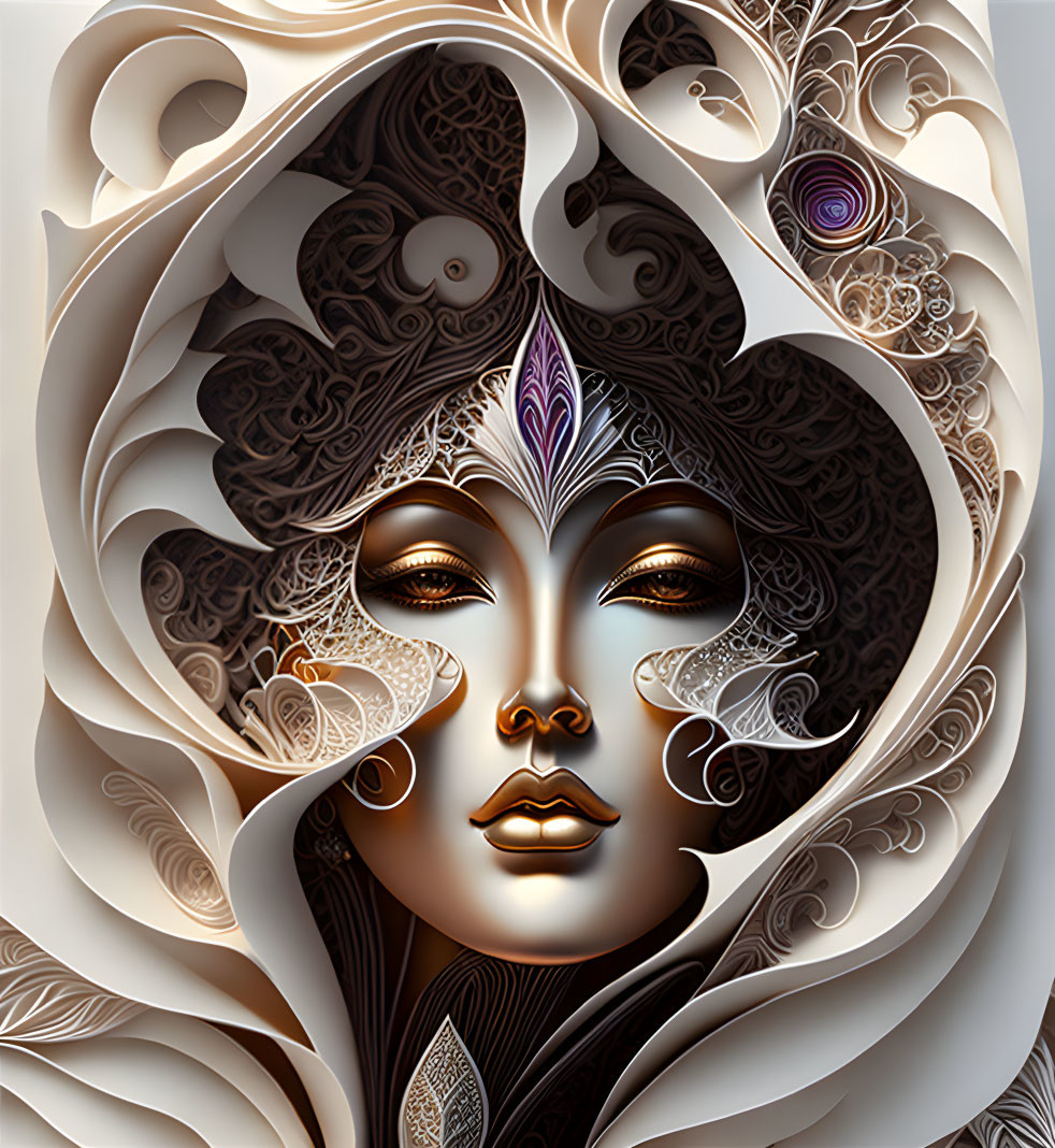 Stylized female face with intricate decorative patterns