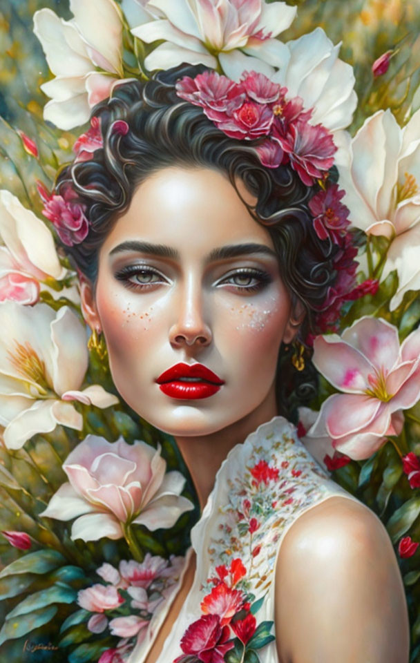 Portrait of woman with floral crown and red lips among lush flowers