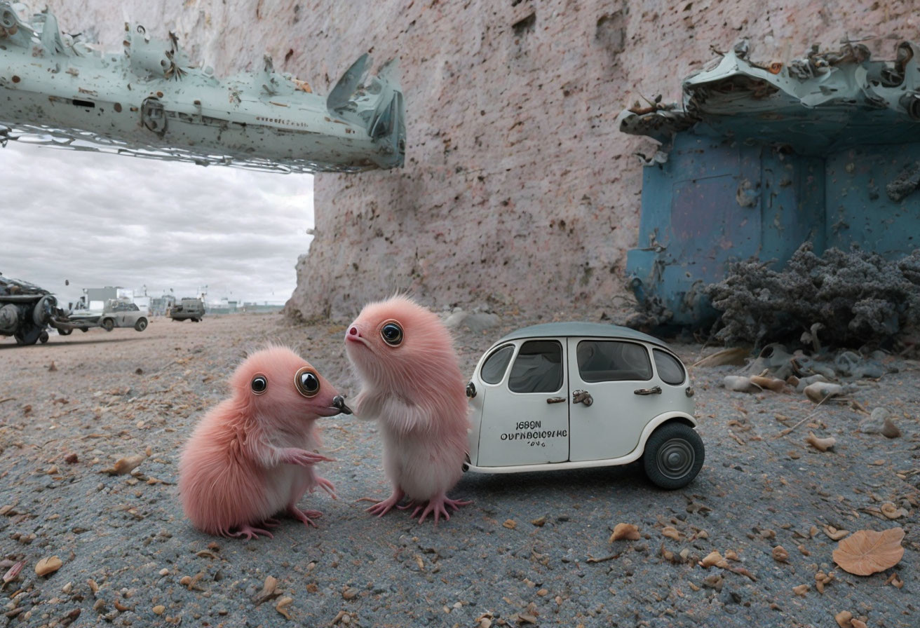 Pink creatures with big eyes near classic car, military vehicles, and ship in deserted setting