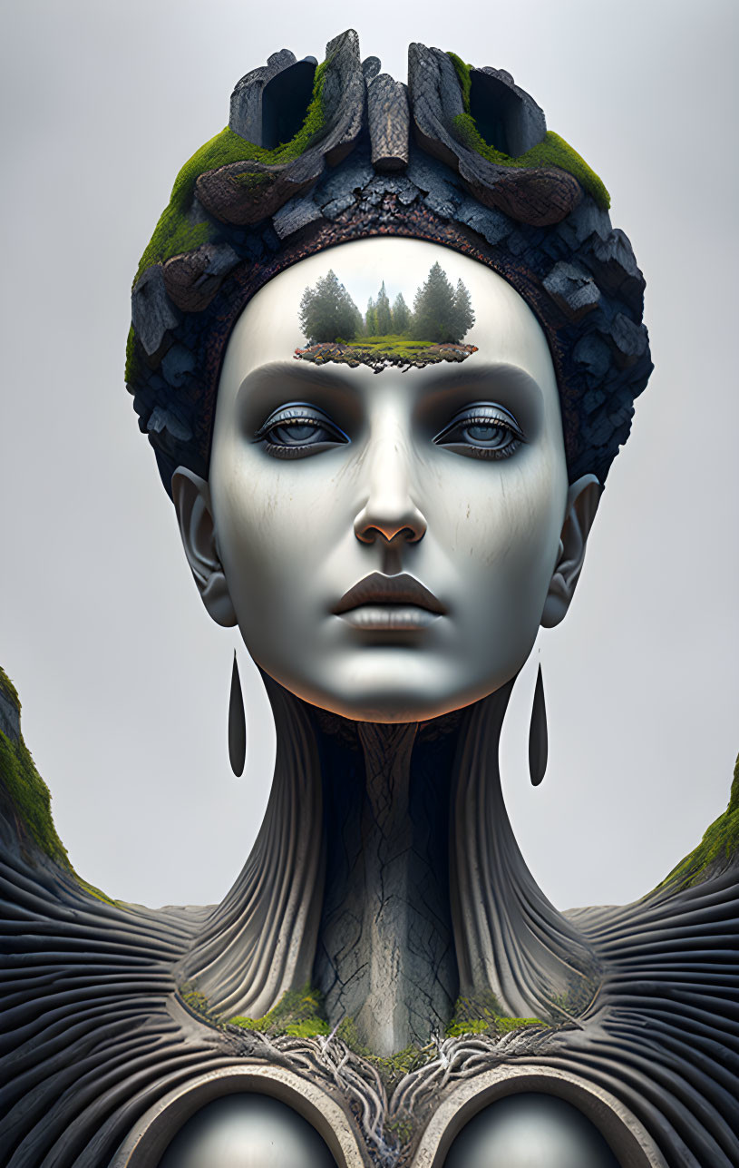 Digital artwork featuring humanoid figure with tree-like neck and earthy crown