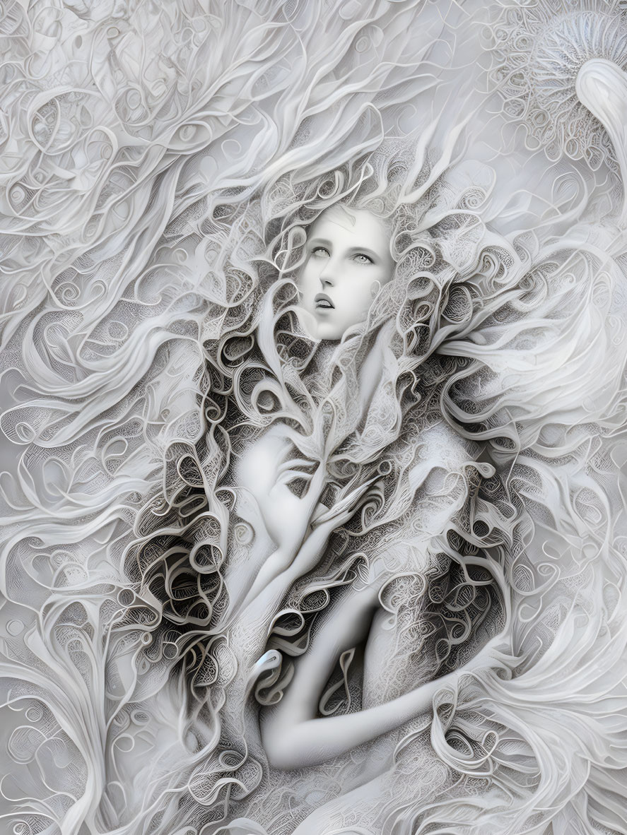 Monochromatic stylized woman in intricate flowing patterns