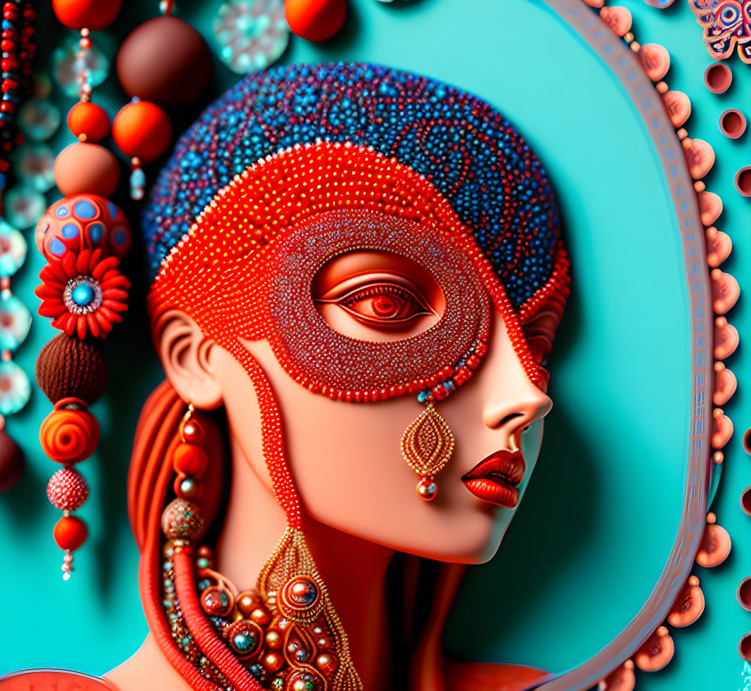 Colorful digital artwork of woman with red and blue beadwork and ornate jewelry.