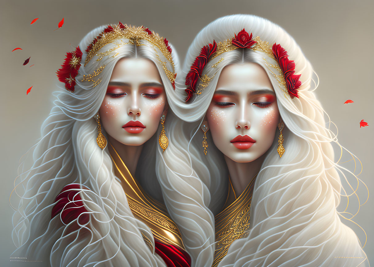 Ethereal women with white hair, red flowers, golden crowns, and red leaves.