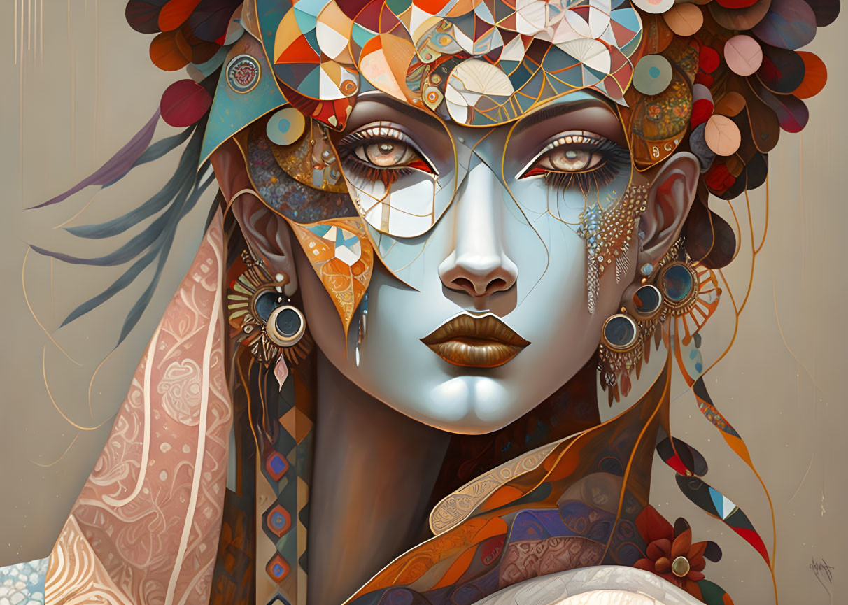 Colorful digital artwork featuring woman with intricate patterns and jewelry