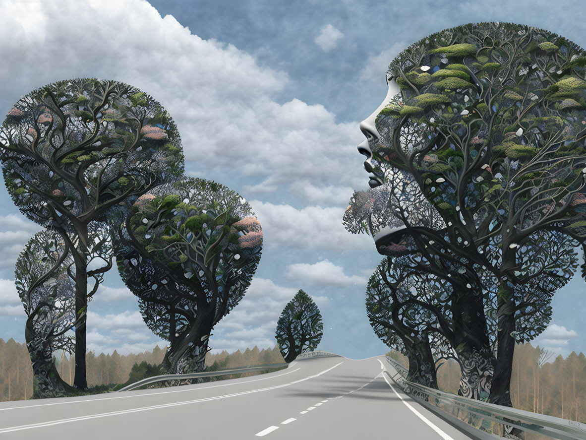 Surreal image: road to human head sculptures with tree hair