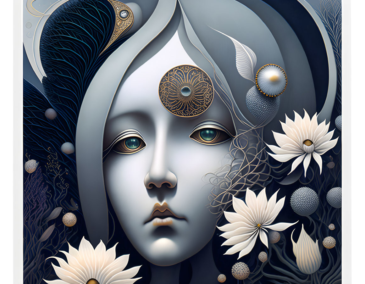 Detailed surreal illustration: Female figure with intricate gold and blue patterns and flowers in fantastical style