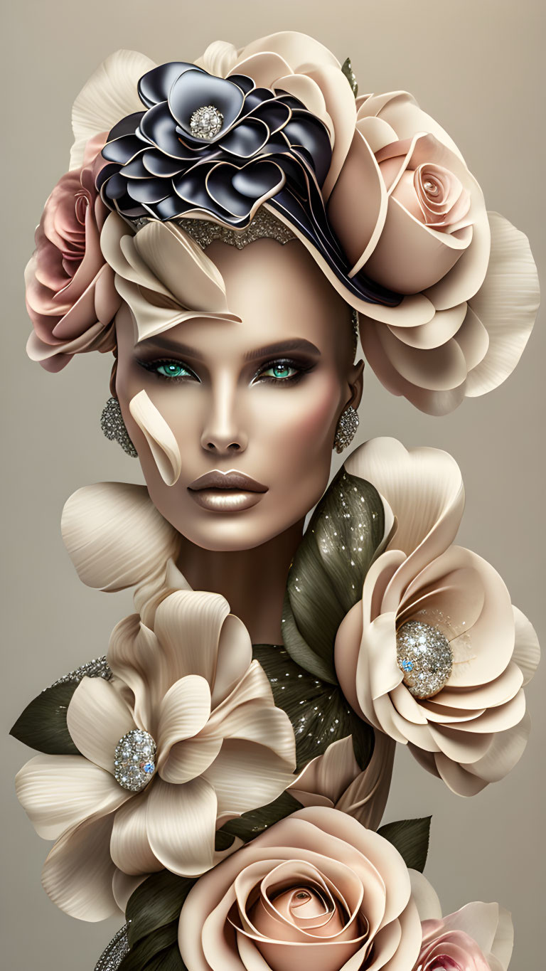 Portrait of woman with floral hair accessories and metallic accents, featuring roses and captivating green eyes