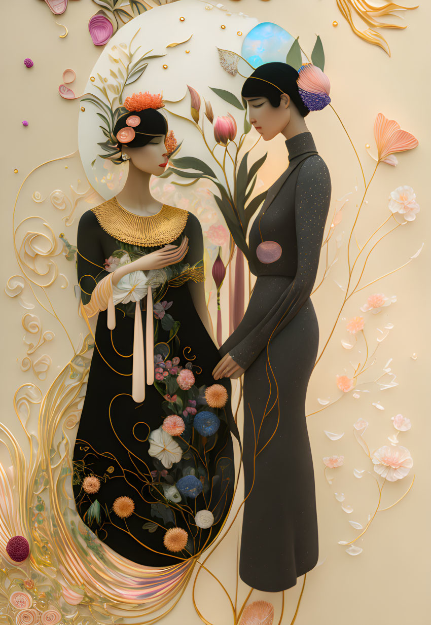 Surrealistic image with stylized figures and ornate floral elements