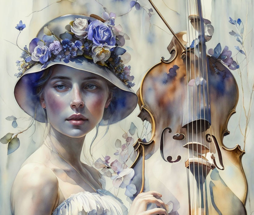 Woman in Floral Hat with Transparent Violin Overlay Creating Dreamlike Harmony