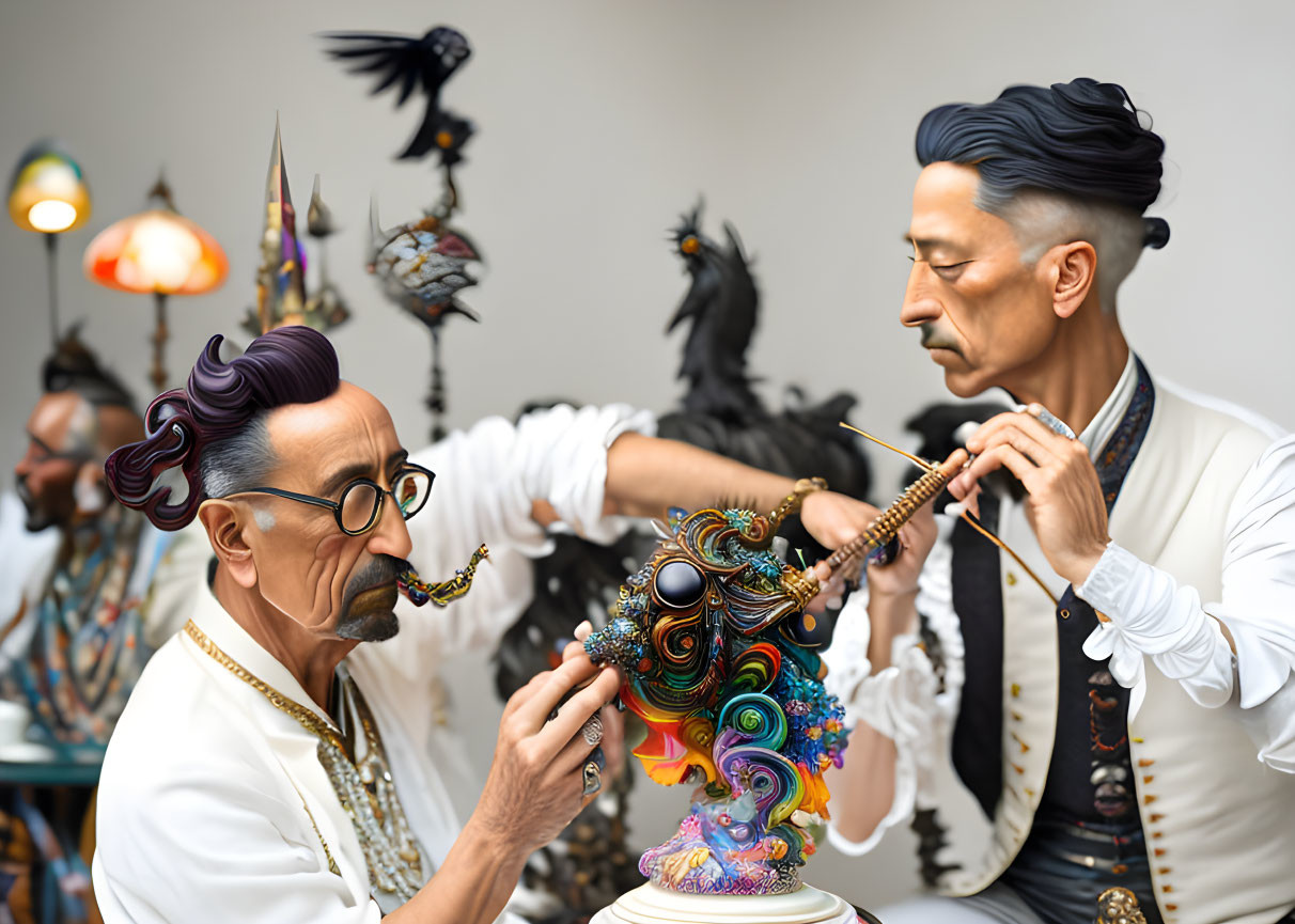 Realistic sculptures of men working on colorful object with fanciful items and black roosters