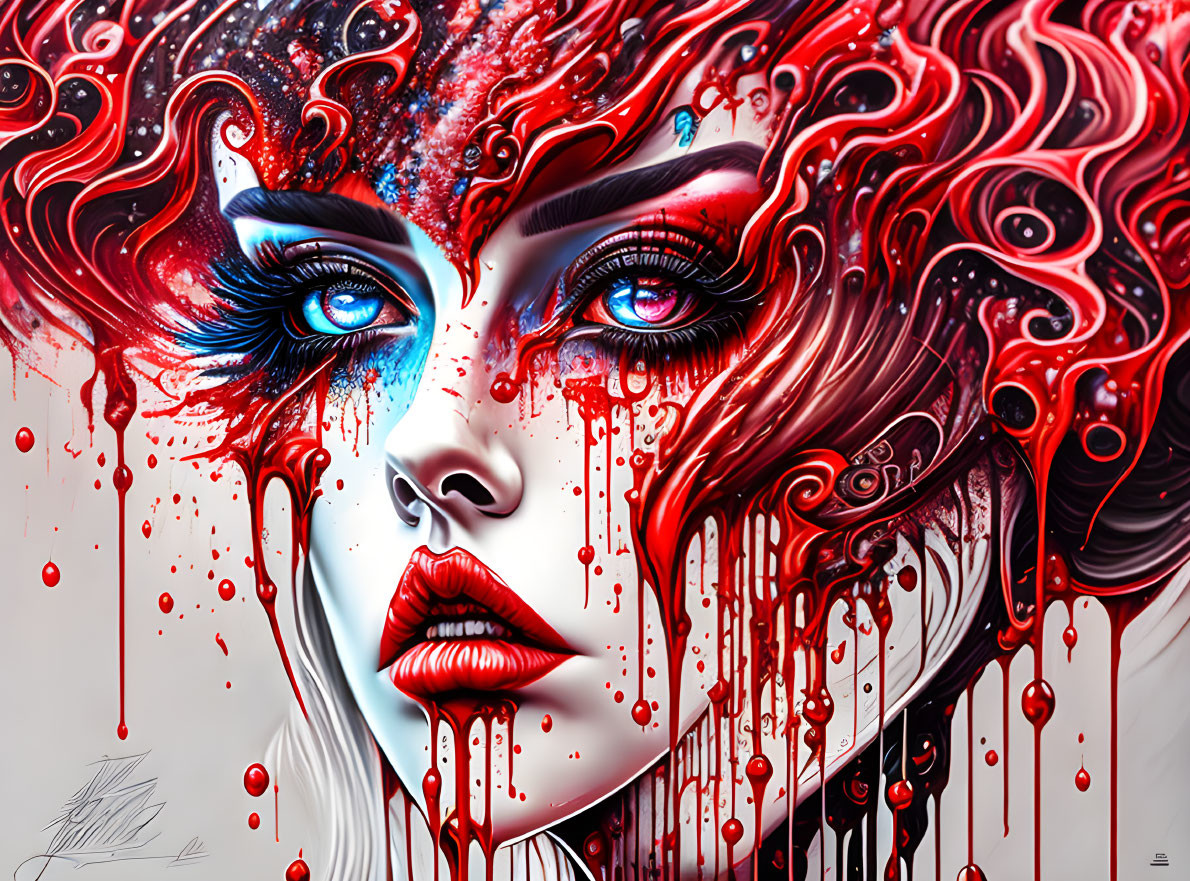 Artwork featuring woman with blue eyes, red flowing hair, liquid transformation.