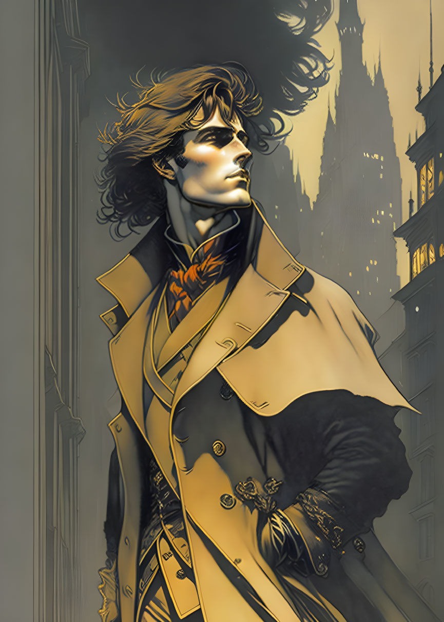 Stylized man with voluminous hair in trench coat and scarf, cityscape background