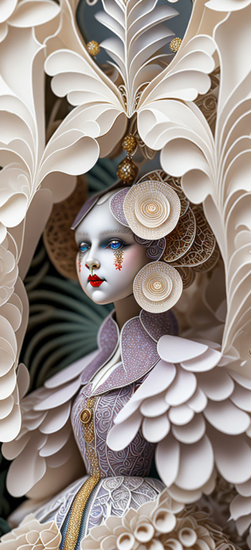 Stylized digital portrait with white and gold paper sculptures