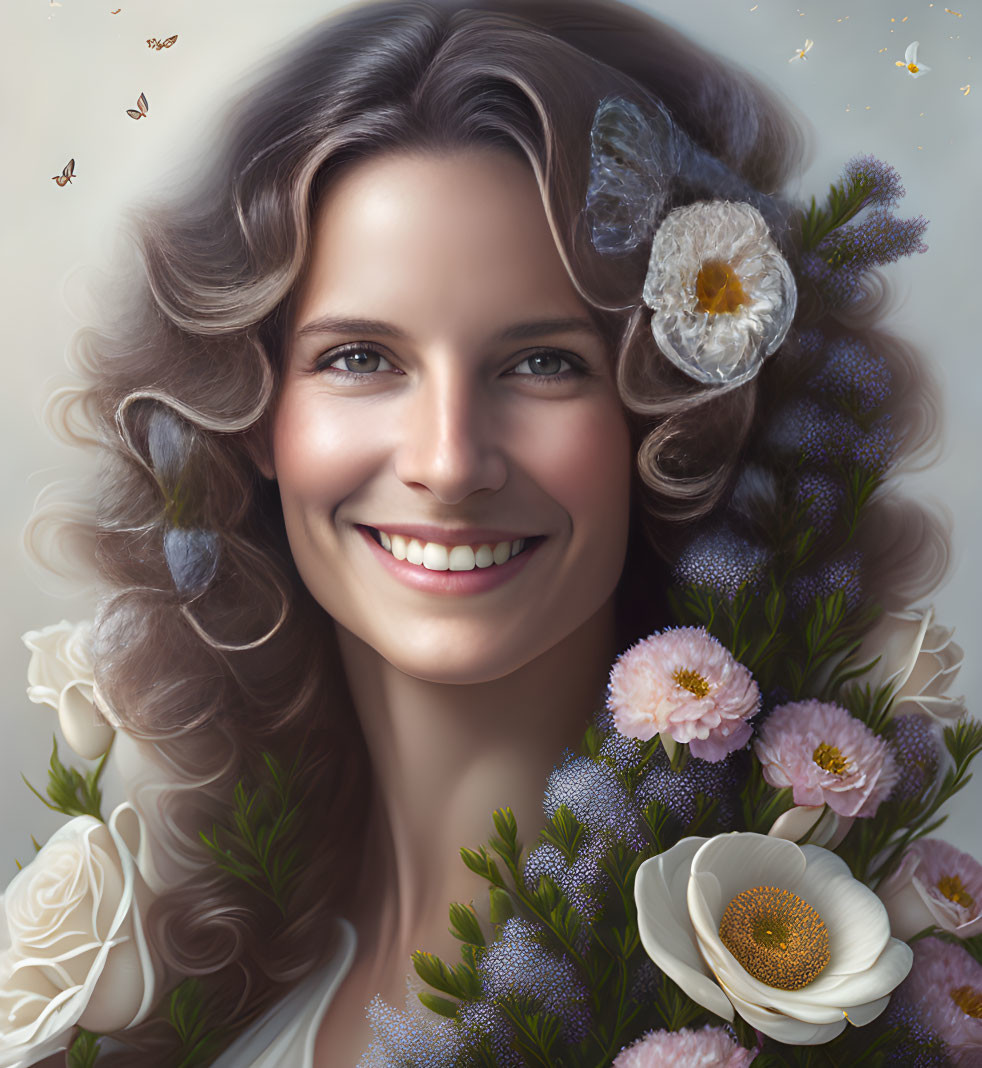 Smiling woman with brown hair among flowers and butterflies