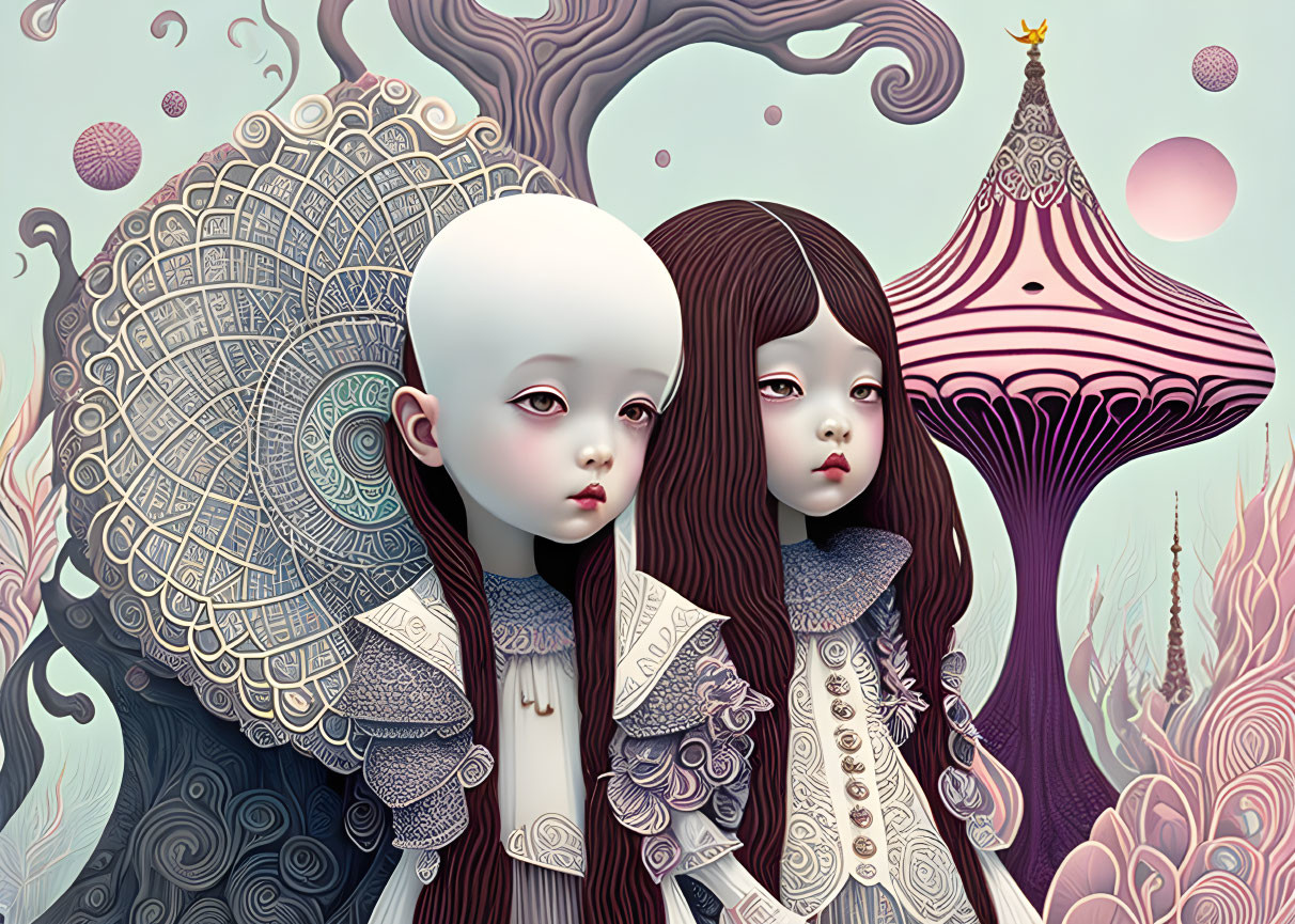 Stylized girls with large eyes in surreal landscape with whimsical elements