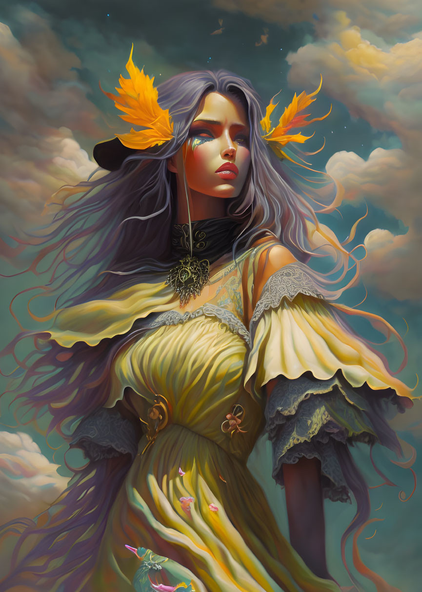 Fantasy illustration: Woman with purple hair and golden dress under cloudy sky