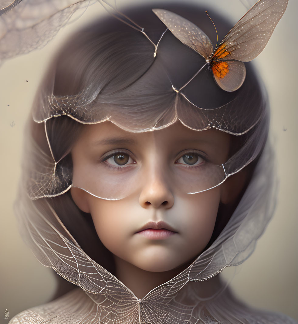 Portrait of young girl with expressive eyes veiled by delicate leaves and orange butterfly