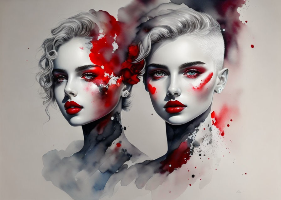 Monochromatic stylized female faces with red splashes