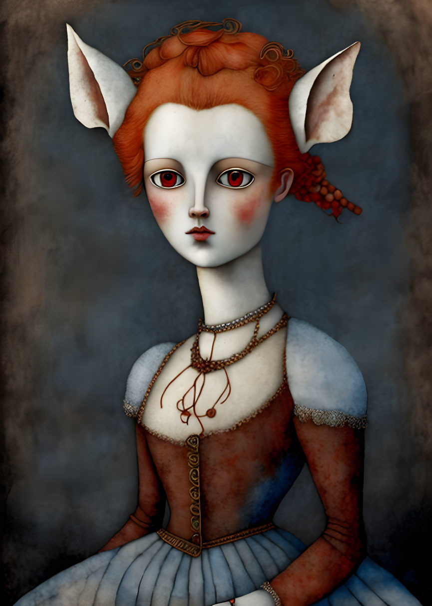 Illustration of pale-skinned female with red hair, elfin ears, red eyes, in Victorian