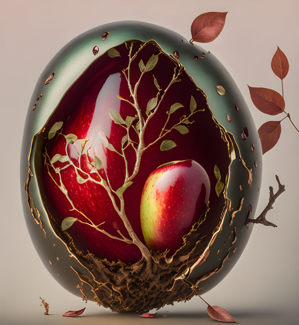 Cracked spherical object with radiant apple, branches, leaves, and roots interwoven