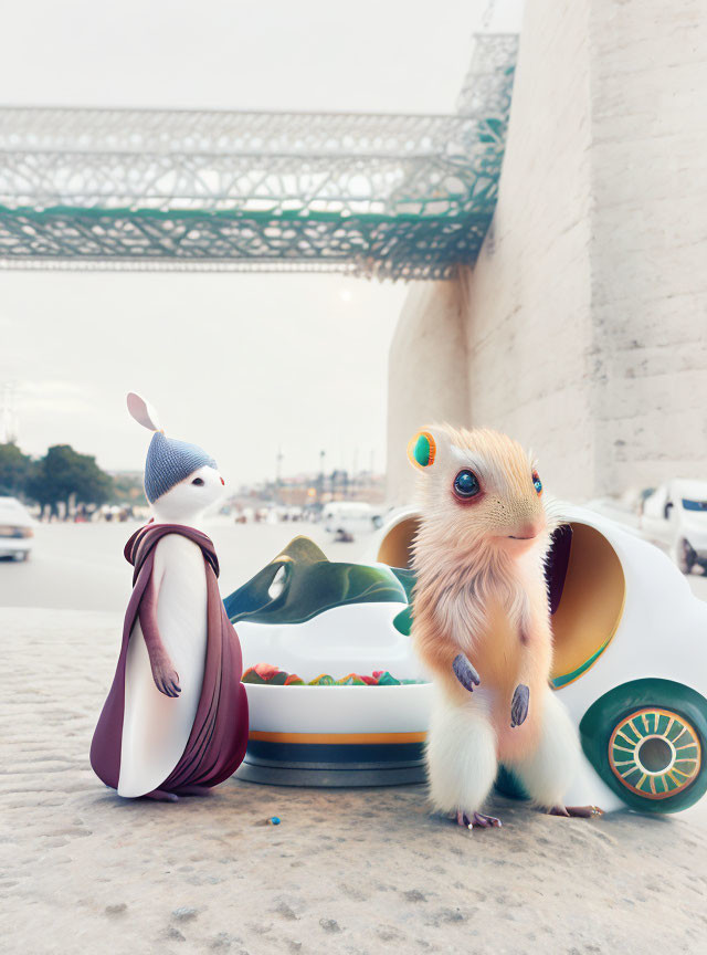 Whimsical penguin and squirrel with cereal-filled shoe car under bridge