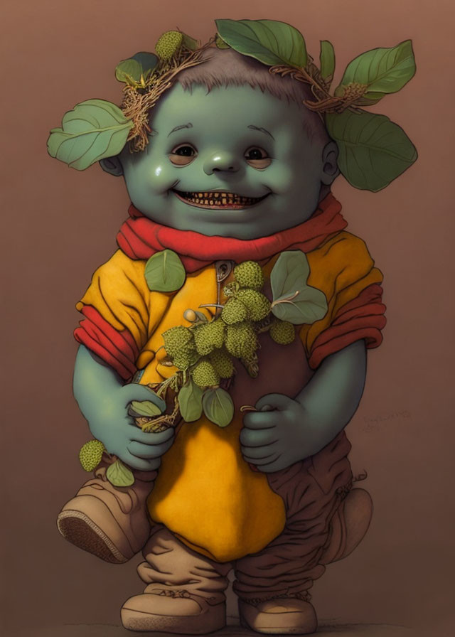 Whimsical green-skinned character in warm-toned overalls holding a leafy branch