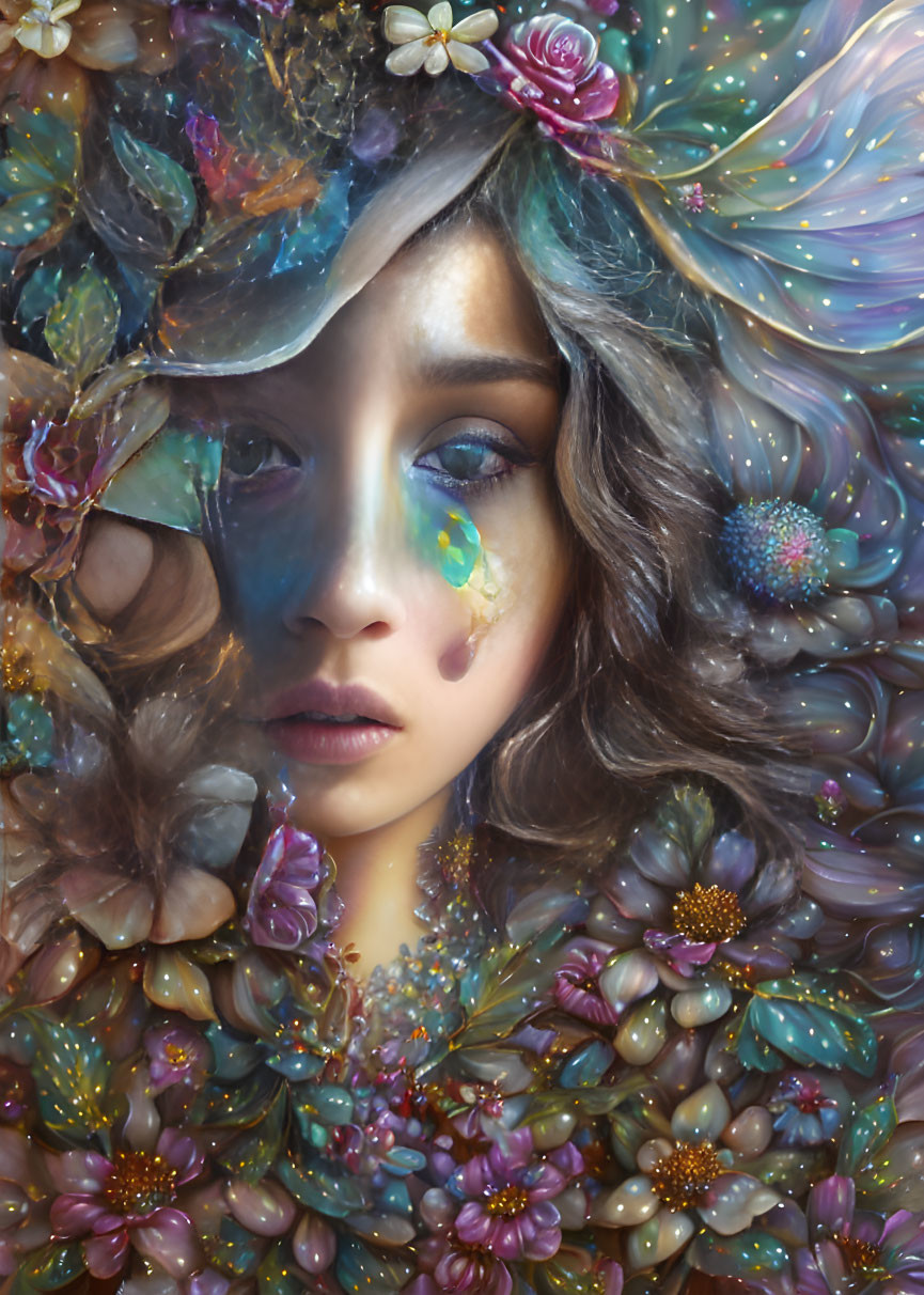 Colorful surreal portrait of woman with iridescent flowers and tear.