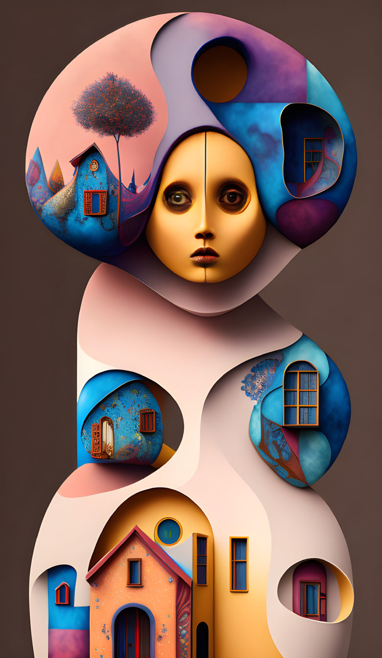 Abstract Surrealist Art: Female Face with Colorful Houses in Organic Shapes