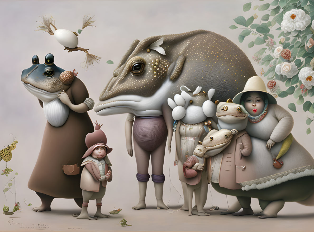 Whimsical painting of anthropomorphic animal family in Victorian attire with lizard-like creature and frogs.