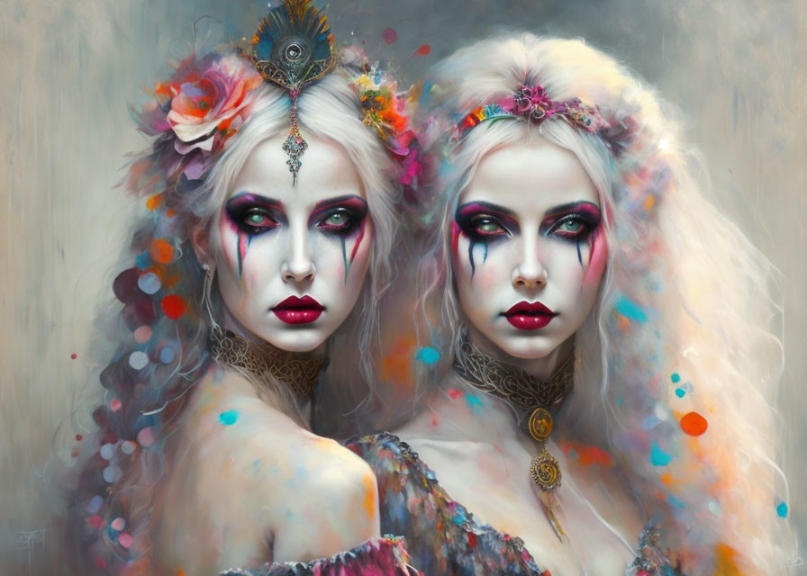 Women with vibrant makeup and floral hair decorations in mystical setting.