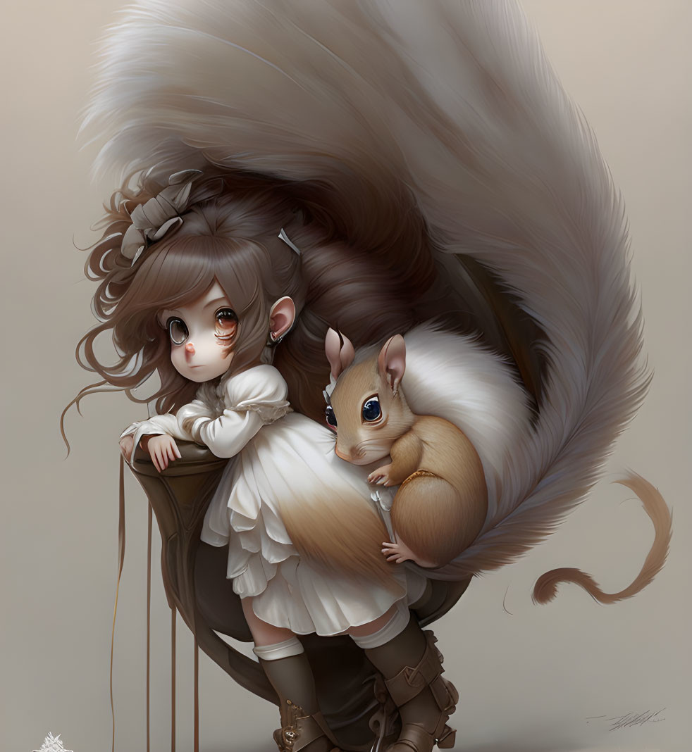 Whimsical illustration of girl and squirrel with expressive eyes in soft earth tones