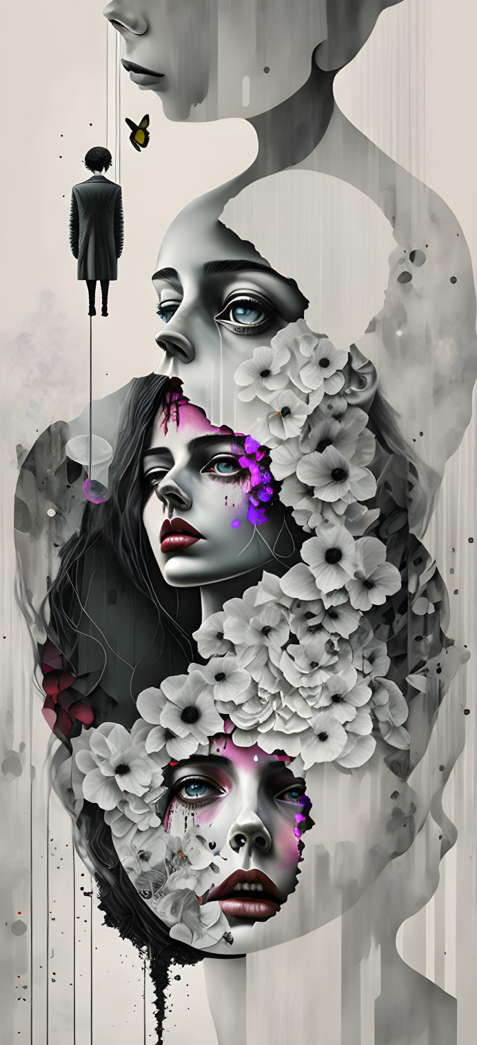 Surreal artwork featuring layered faces of women with white flowers and pink splashes